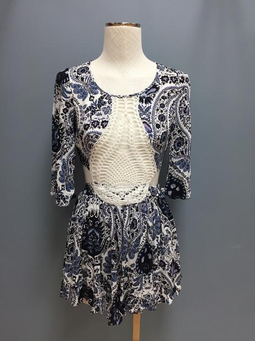 3/4 Sleeve Romper with Crochet Patch - Valia Honolulu