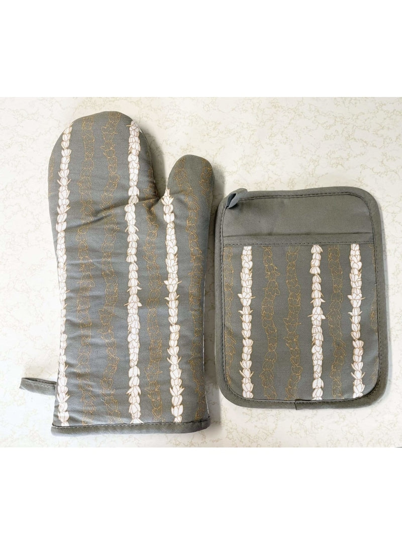 Laha’ole Home Pikake Lei Oven Mitt Set in Grey Valia Honolulu